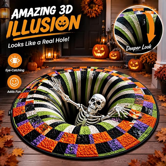 💀Halloween 3D Bottomless Illusion Rug Skeleton Pit Non-Slip Crystal Velvet Mat 🎃